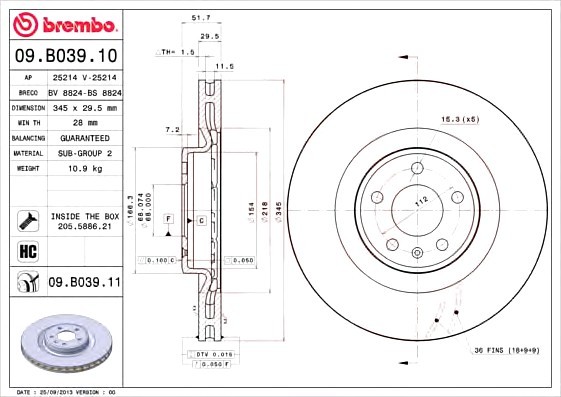 Диск тормозной 09B03911 BREMBO