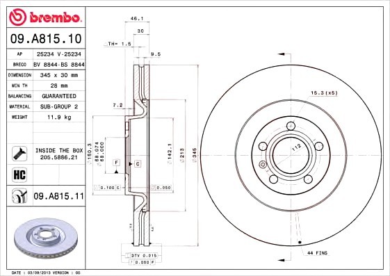 09A81511 BREMBO (Германия) Гальмівний диск 09A81511 BREMBO