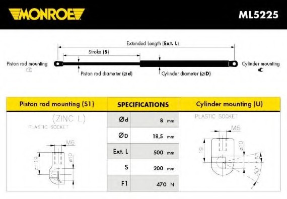 ML5225 MONROE (Бельгия) Газовая пружина, крышка багажника ML5225 MONROE
