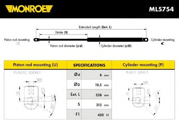 ML5754 MONROE (Бельгия) Газовая пружина, крышка багажника ML5754 MONROE