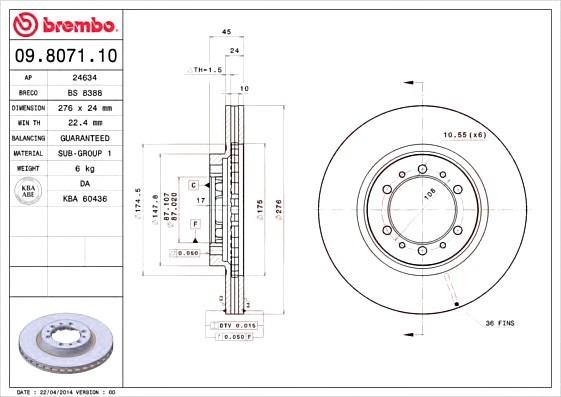 09.8071.10 BREMBO (Германия) Тормозной диск вентилируемый 09.8071.10 BREMBO