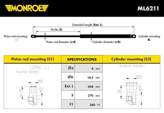 ML6211 MONROE (Бельгия) Газовая пружина, капот ML6211 MONROE