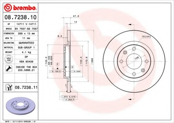 08.7238.10 BREMBO (Германия) Тормозной диск 08.7238.10 BREMBO