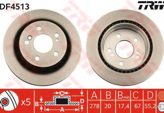 Фото диск гальмівний (1 шт.) MERCEDES C(W203)/E(S124)/SLK(R171) "R D=278mm "89-11 DF4513 TRW / LUCAS (Германия) DF4513 TRW / LUCAS (Германия) Диск гальмівний (1 шт.) MERCEDES C(W203)/E(S124)/SLK(R171) "R D=278mm "89-11