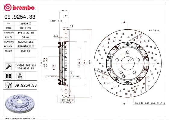 09925433 BREMBO (Германия) 09.9254.33_диск тормозной передний перфорированный! \ MB A209/C209 5.5 AMG 04-11 09925433 BREMBO