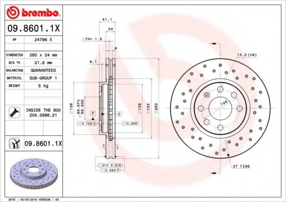 0986011X BREMBO (Германия) 09.8601.1X_диск тормозной передний! перфорированный \ Opel Corsa 1.8/1.7TDi 00> 0986011X BREMBO