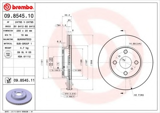 09854511 BREMBO (Германия) 09.8545.11_диск тормозной передний! с покрытием \ Toyota Yaris all 99> 09854511 BREMBO