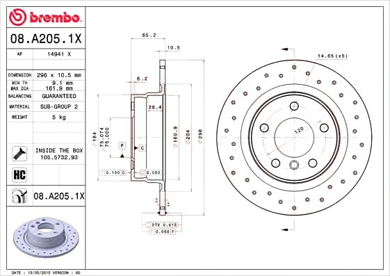 08A2051X BREMBO (Германия) Диск тормозной BMW 1 (E81/E87)/3 (E90/91) 04- 1.6-2.0 задн. D=296 08A2051X BREMBO