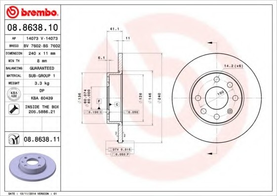08863811 BREMBO (Германия) Диск тормозной передн, OPEL: CORSA C 00-, CORSA C фургон 00- 08863811 BREMBO
