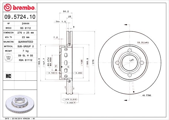 09572410 BREMBO (Германия) 09.5724.10_диск тормозной передний! \ Audi 80 2.8 91-96 09572410 BREMBO