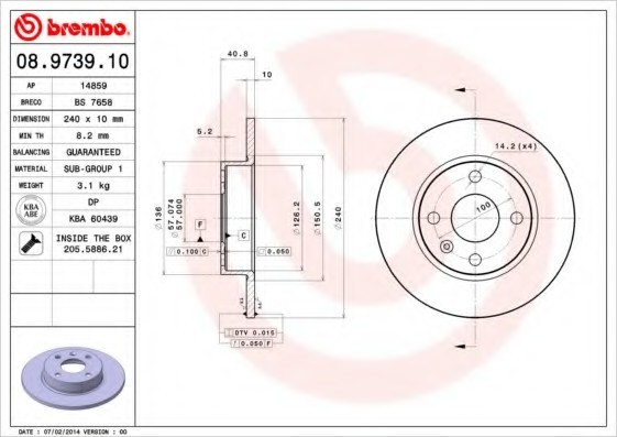 08973910 BREMBO (Германия) Диск тормозной OPEL CORSA 00-/TIGRA 04- задний D=240мм. 08973910 BREMBO