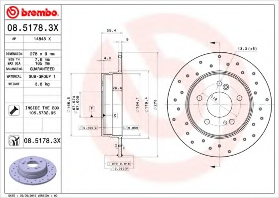 0851783X BREMBO (Германия) Диск тормозной MB W202/W203/W210 1.8-3.2 задн. D=278 0851783X BREMBO