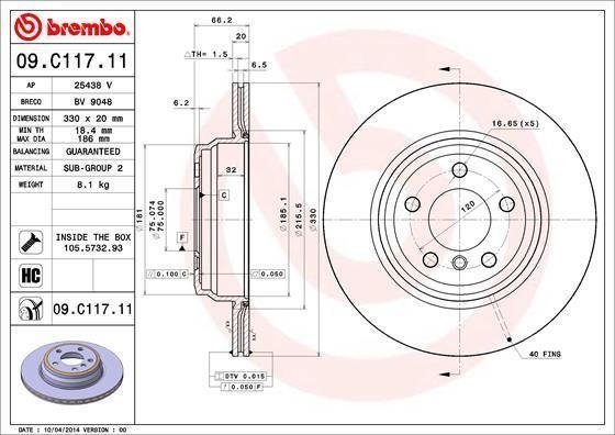 09C11711 BREMBO (Германия) Диск тормозной BMW 3 F30/31 11- задний вент.D=330мм 09C11711 BREMBO