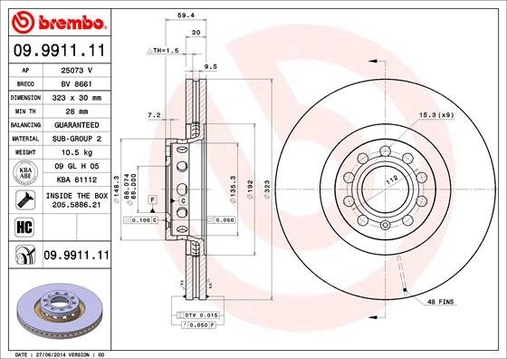 09991111 BREMBO (Германия) Торм. диск пер.вент.[323x30] 5 відп..  Painted Version 09991111 BREMBO