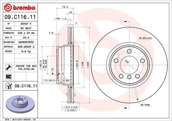 09C11611 BREMBO (Германия) Диск гальмівний BMW 3 F30 11-передій вент.D=330мм. 09C11611 BREMBO