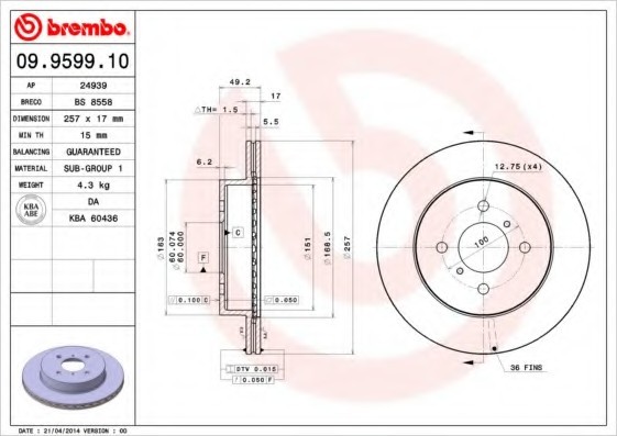 09959910 BREMBO (Германия) Диск гальмівний SUZUKI IGNIS 1.3-1.5 00- передній 09959910 BREMBO