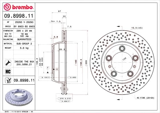 09899811 BREMBO (Германия) Диск торм. окраш. Re PORS Boxter 04-, Cayman 06- 09899811 BREMBO