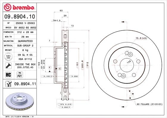 09890411 BREMBO (Германия) ДИСК ТОРМ. ОКРАШ. Fr RE Clio III 06-, Megane II 09890411 BREMBO