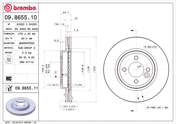 09865511 BREMBO (Германия) Диск торм. окраш. Fr MINI Cooper (R50/53) 01-0 09865511 BREMBO