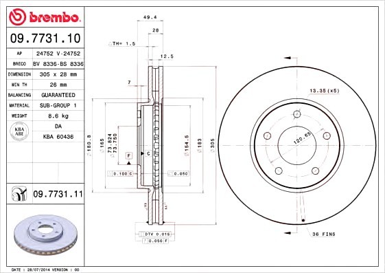 09773111 BREMBO (Германия) ДИСК ТОРМ. ОКРАШ. Fr JAG XJ 97-03, XK8 96-05 09773111 BREMBO