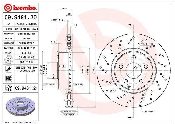 09948121 BREMBO (Германия) Гальмівний диск Fr MB SL (R230). 03-12 09948121 BREMBO