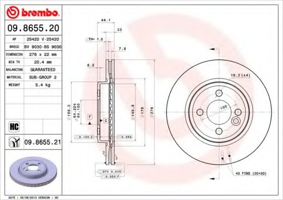 09865521 BREMBO (Германия) Диск торм. окраш. Fr MINI (R50,52,53) -07 09865521 BREMBO