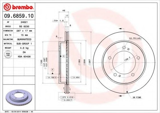 09685910 BREMBO (Германия) Торм. диск пер.вент.[287x17] 5 отв..[min2] 09685910 BREMBO