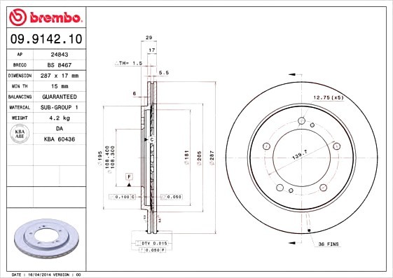 09914210 BREMBO (Германия) Торм. диск пер.вент.[287x17] 5 отв..[min2] 09914210 BREMBO