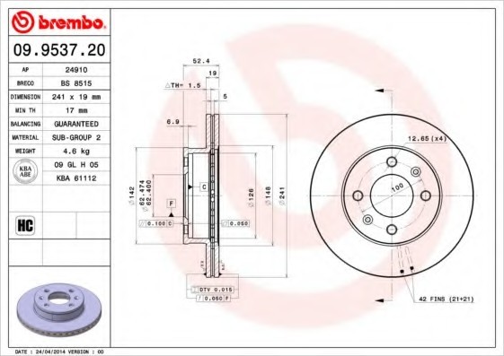 09953720 BREMBO (Германия) Диск тормозной передний HYUNDAI ACCENT 09953720 BREMBO