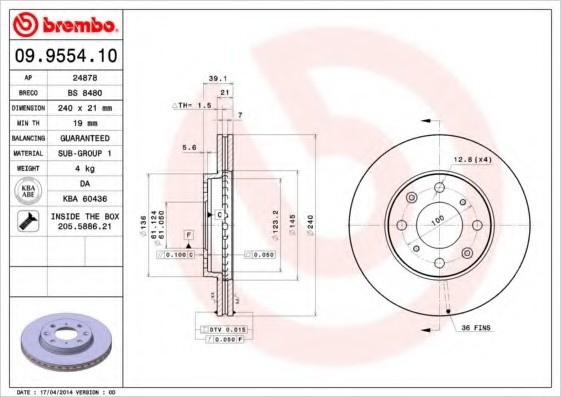 09955410 BREMBO (Германия) Диск гальмівний передній вентильований 09955410 BREMBO