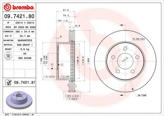 09742180 BREMBO (Германия) Диск тормозной передний вентилируемый 09742180 BREMBO