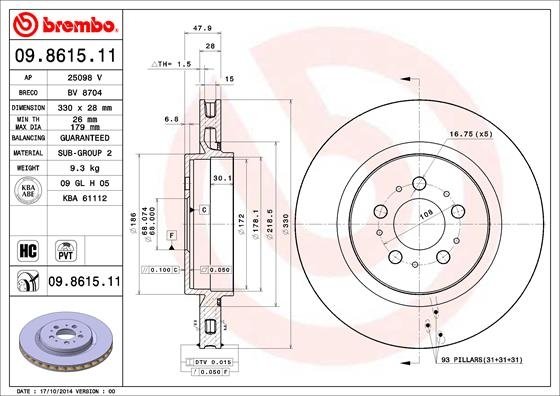 09861511 BREMBO (Германия) Диск тормозной задний вентилируемый 09861511 BREMBO