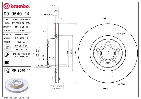 09954011 BREMBO (Германия) ДИСК ТОРМ. ОКРАШ. FR VAG A6 04-11 09954011 BREMBO