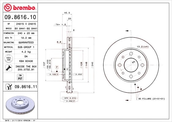 09861611 BREMBO (Германия) Диск гальмівний вентильований 09861611 BREMBO