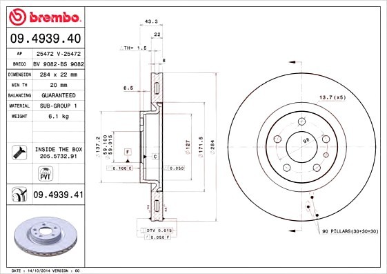 09493940 BREMBO (Германия) Диск торм. Fr FI 500L 12- 09493940 BREMBO