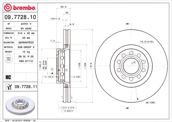 09772811 BREMBO (Германия) Гальмівний диск передн 09772811 BREMBO