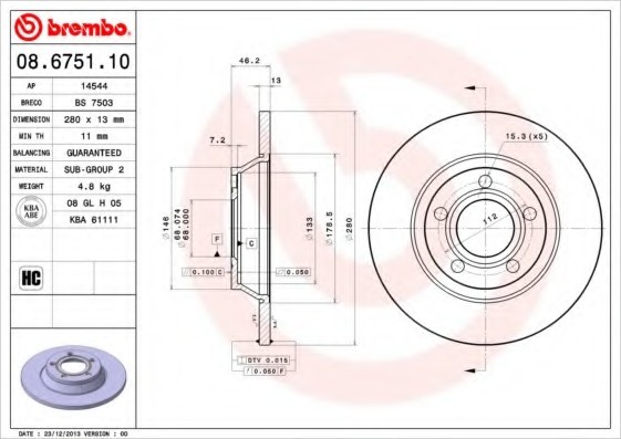 08675110 BREMBO (Германия) Тормозной диск передний 08675110 BREMBO