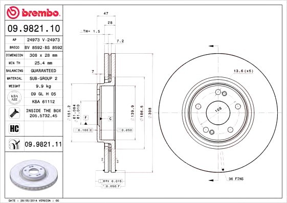 09982111 BREMBO (Германия) Тормозной диск 09982111 BREMBO