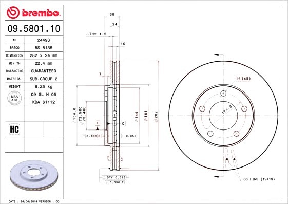 09580110 BREMBO (Германия) Тормозной диск 09580110 BREMBO