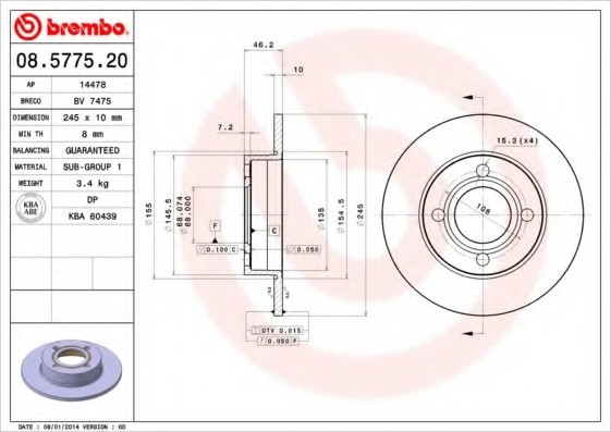 08577520 BREMBO (Германия) Диск тормозной 08577520 BREMBO