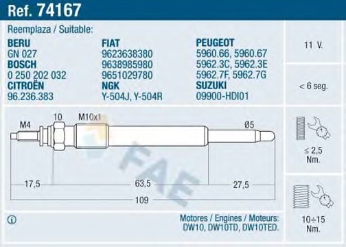 74167 FAE Свеча накаливания 74167 FAE