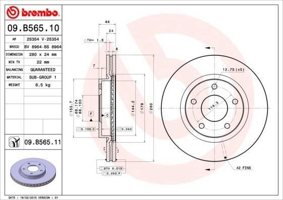 09B56511 BREMBO (Германия) Диск тормозной передн. (пр-во BREMBO)