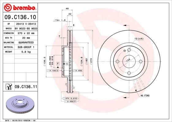 09.C136.11 BREMBO (Германия) Диск гальмівний BREMBO