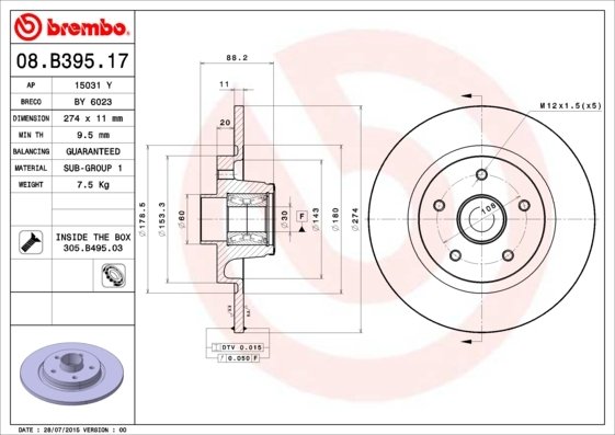 08.B395.17 BREMBO (Германия) Диск тормозной BREMBO