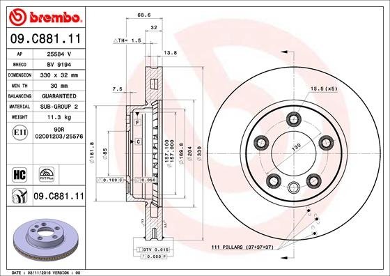 09.C881.11 BREMBO (Германия) Гальмівний диск BREMBO