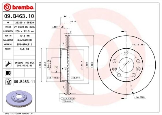 09.B463.11 BREMBO (Германия) Тормозной диск BREMBO