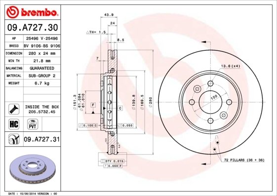 09.A727.31 BREMBO (Германия) Гальмівний диск BREMBO