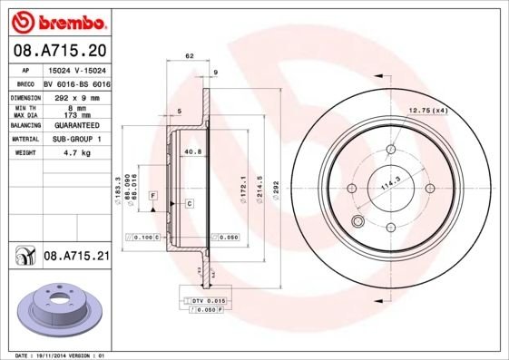 08.A715.21 BREMBO (Германия) Тормозной диск BREMBO