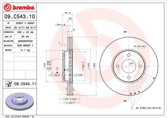 09.C543.11 BREMBO (Германия) Тормозной диск BREMBO