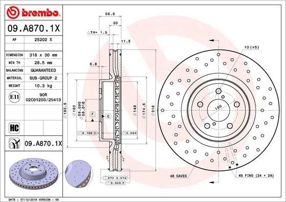 09.A870.1X BREMBO (Германия) Гальмівний диск BREMBO